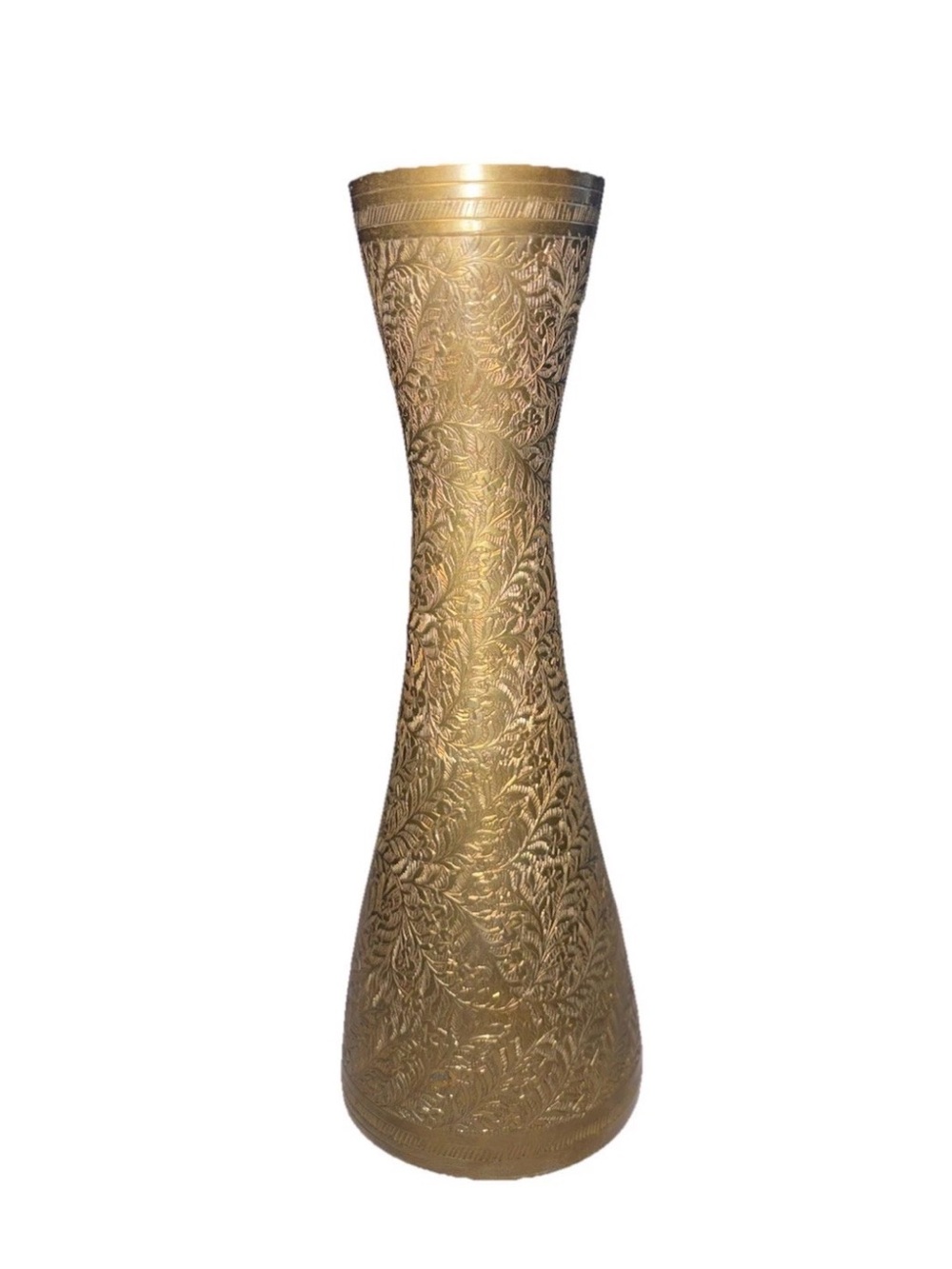 MCM Vintage Brass Vase Hourglass Shape Beautiful Leaf Etching 8.5 Inches